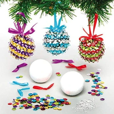Image of Baker Ross Sequin Bauble Decoration Kits Pack of 3, Make Your Own Christmas Decoration, Craft Kit (AX530), Clear,Gold