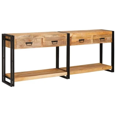Image of vidaXL Console Table with Drawer 2 pcs Brown Solid rough mango wood
