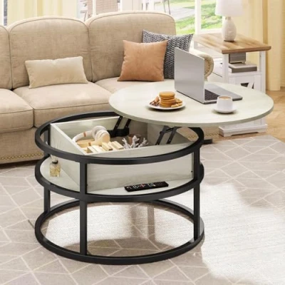 Image of DWVO Coffee Table Round, Tables for Living Room, Lift Top with Storage and Hidden Compartment, Modern Table, Small Round