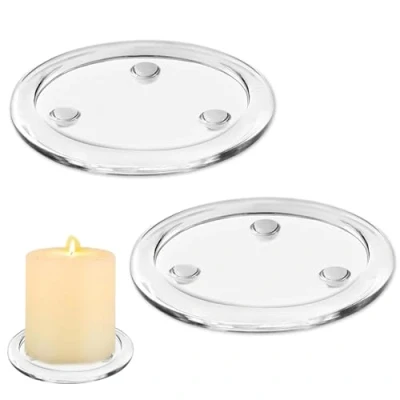 Image of 2 Pcs Round Clear Glass Candle Holder, Transparent Holder 4Inches/10cm Pillar Stand, Tray Decorations Pedestal Base for Wedding Parties Home Party Decoration