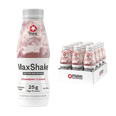 Image of MaxiNutrition MaxShake, Strawberry High Protein Milk Drink Fat Free, No Added Sugar, Gluten &amp; Soy Vegetarian 25g Protein, 165 kcal per Serving, 12 x 330ml Bottles
