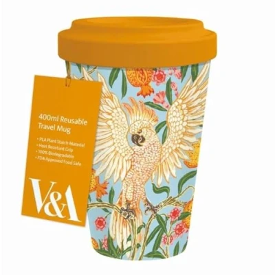 Image of Museums &amp; Galleries 400ml Reusable Travel Mug V&amp;A Inspired Cockatoo and Pomegranate Tropical Design Sustainable Kitchenware Gift Idea