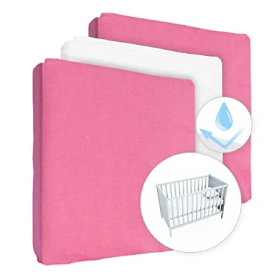 Image of 2 Jersey Fitted Sheets with 1 Waterproof Mattress Protector for 140x70 cm Cot Bed (Pink)