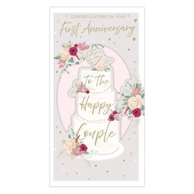 Image of Gold First 1st Wedding Anniversary Card Bride and Groom Ribbon Foil 8.75x4