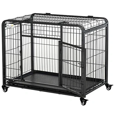 Image of PawHut Metal Dog Cage Kennel Locking Door &amp; Wheels Removable Tray Openable Top For Medium Pets 94 x 58 69.5 cm
