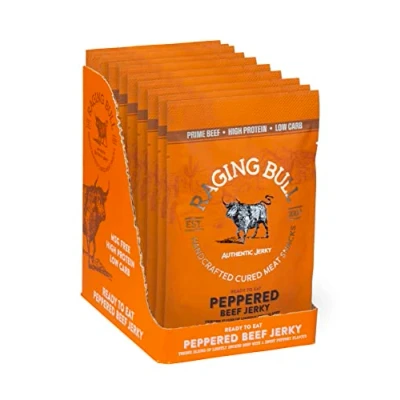 Image of Raging Bull 280g Peppered Beef Jerky 10 x 28g Pack High Protein Snacks Grass Fed Low Carb Keto MSG Free Carnivore Gift Set Natural Meat