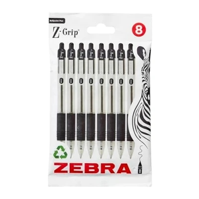 Image of Zebra Pen Z Grip Black Ballpoint Pens with Pocket Clip 8pk, Retractable Ink Pens, Reliable Biro Multipack for Everyday Use Design, New Pack Size 8pk