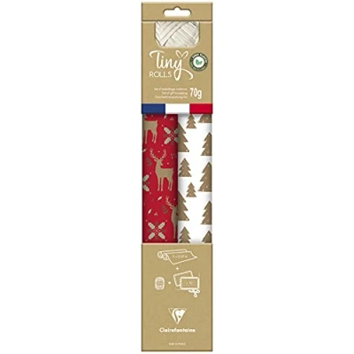 Image of Clairefontaine Ref 223887C Tiny Rolls Gift Wrap Set 2 x (80gsm, 35cm 5m), 10 Tags (Rectangular &amp; Round), 20m Ribbon Red White Patterns