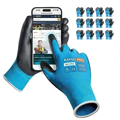 Image of KAYGO Work Gloves PU Coated 12 Pairs Touchscreen, KG11PLE, Safety Working with Secure Grip on Palm &amp; Fingers, for Men and Women, Ideal General Duty Work, Gardening (X Large, Blue)