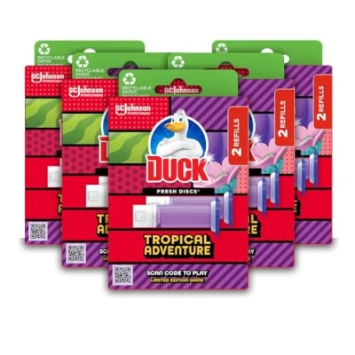 Image of Duck Fresh Discs Toilet Cleaner Refill Twin Pack, Prevents Limescale Build Up, Fights Stains That Harbour Germs, Tropical Adventure Fragrance, Pack of 5 (Total 10 x Tubes)