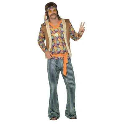 Image of Smiffys 60s Singer Costume, Male, Multi Coloured Top, Waiscoat, Trousers, Belt &amp; Headband, 1960&#039;s Groovy Fancy Dress, Adult Dress Up Costumes
