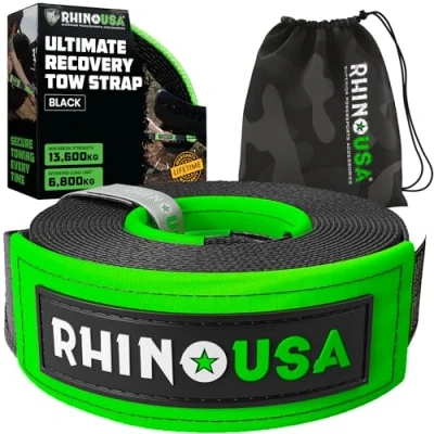 Image of Rhino USA Recovery Tow Strap 7.6 cm x 9.1 m Lab Tested 13,600kg Break Strength Heavy Duty Offroad Straps with Reinforced Ends for Peace of Mind Emergency 4x4 Off Road Towing Rope Black