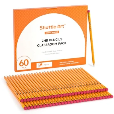 Image of Shuttle Art #2 HB Pencils with Rubbers, 60 Pack Bulk Pencils, Sharpened for Kids Teachers Writing Graphiting, School Wooden Yellow Set Children, Back to Supplies