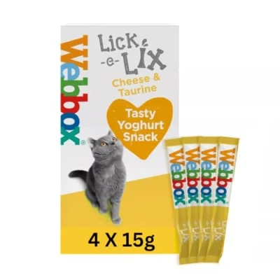Image of WEBBOX Lick e Lix Cat Treats, Cheese and Taurine Yoghurt Snack, 16 Sachets, 15g Each