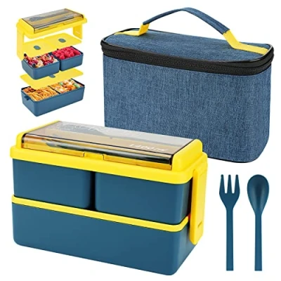 Image of 1400ml Lunch Box with 3 Compartments 2 Layer Leak Proof Bento Insulated Bag and Cutlery, Meal Prep Container for Adults Kids Students Office Microwave Dishwasher Safe Available (Blue)