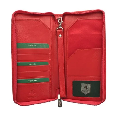 Image of VISCONTI Leather Zipped Travel Document Holder &amp; Strap RFID Blocking 1157 Red