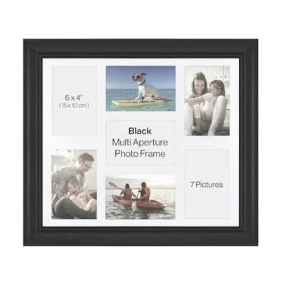 Image of Traditional Black 6x4 Multi Aperture Photo Picture Frame, Holds 7 Photos or Pictures, Wall Mounted Landscape Portrait.