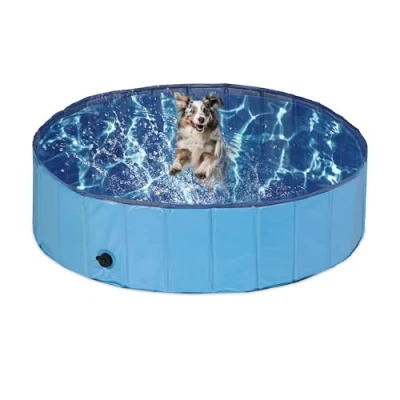 Image of Relaxdays Dog Pool, HxD: 30 x 120 cm, Foldable, with Drain Valve, Pet Swimming Bath for Cooling Off, PVC &amp; MDF, Blue