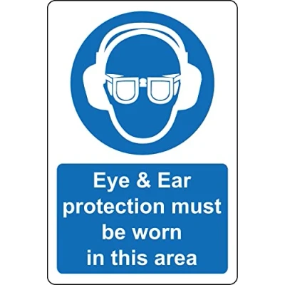 Image of Eye and ear protection must be worn in this area Safety sign Self adhesive sticker (200mm x 150mm)