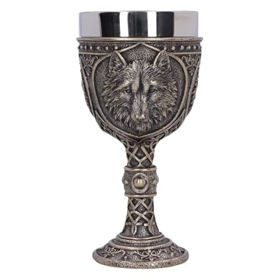 Image of Nemesis Now Wild Thirst Chalice 20cm, Resin, Bronze, Bronze Wolf Chalice, Knot Detailing Stem, Giftware, Removable Stainless Steel Insert, Cast in The Finest Expertly Hand Painted