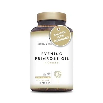 Image of Evening Primrose Oil 2000 mg per dose, GLA Omega 6 200mg + Vitamin E. 200 High Strength Softgels, Easy Swallow, Cold Pressed. Menopause, Skin and Nails Care. Made in EU. N2 Natural Nutrition.