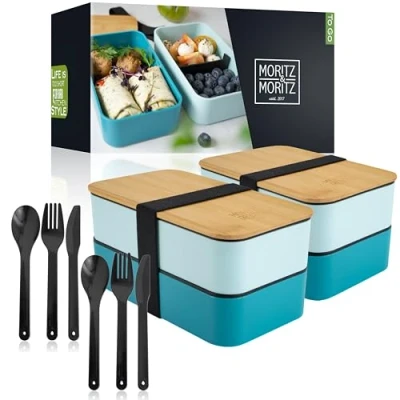 Image of Moritz &amp; Set of 2 Bento Box Blue Perfect Lunch for Children and Adults Lunchbox with Compartments Ideal Work, School Travel
