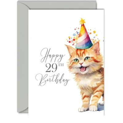 Image of 29th Birthday Cards for Women Men Party Cat Kitten Happy Card 29 Year Old Woman Man Sister Brother Daughter Son Auntie Uncle Cousin, A5 Bday Greeting