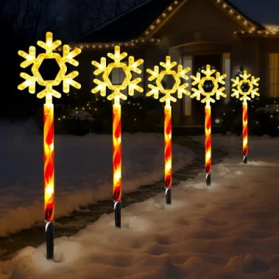 Image of Just for Christmas Pathway Lights 5X with 8 Lighting Modes Timer Function Snowflake Stake Light Garden Path Outdoor Use Up Festive Home Decor Battery Operated