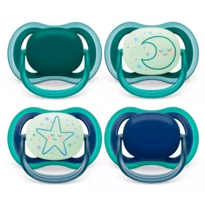 Image of Philips Avent Soothers, 6 18m Ultra Air Day &amp; Night Soother (Pack of 4): 2 x Glow in The Dark Pacifier; Pacifier, Aged 18 Months, with Steriliser Carry Case