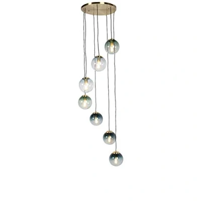 Image of Qazqa Art Deco Dining Room I Table Pendant Lamp Light Ceiling Brass with 7 Ocean Blue and Green Shades Pallon Suitable for LED E27 Glass