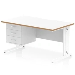 Image of Oslo 1400 x 800mm Edge Office Desk White Top Natural Wood Cable Managed Leg Workstation 1 3 Drawer Fixed Pedestal