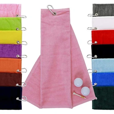 Image of aztex Tri Fold Golf Towel with Carabiner Clip, Cotton Velour, 590gsm, Pink