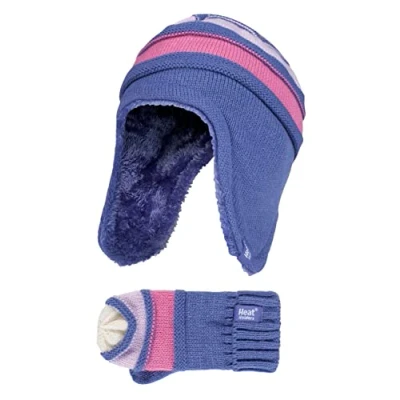 Image of HEAT HOLDERS Kids Girls Winter Warm Fleece Lined Cable Knitted Thermal Beanie Hat and Mittens with Ear Flaps (3 6 Years, LS1P10)