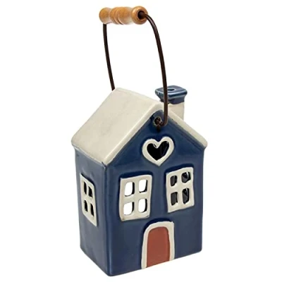 Image of Village Pottery Small Navy Blue House Tealight Lantern Holder