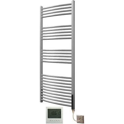 Image of Greened House Electric Chrome 600W x 1400H Curved Towel Rail + Timer and Room Thermostat Bathroom Rails