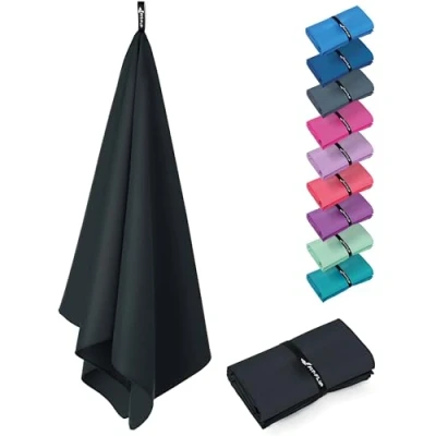 Image of Fit Flip Swimming towel fast drying microfibre beach ultra absorbent thin towels for travel, &amp; gym lightweight camping (1x 50x30cm, Onyx Black)