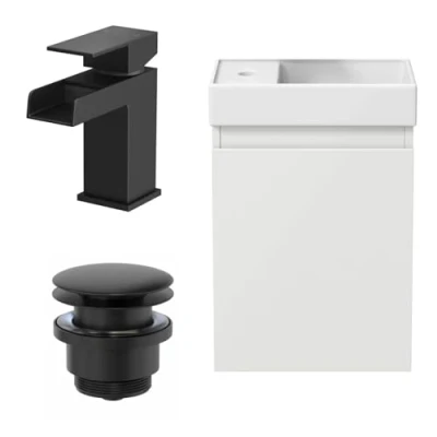 Image of Artis® 400mm Bathroom Vanity Unit Ceramic Wash Sink Wall Hung Storage Cabinet Reversible Soft Close Cupboard &amp; Black Waterfall Basin Mixer Tap Waste Set, White Gloss