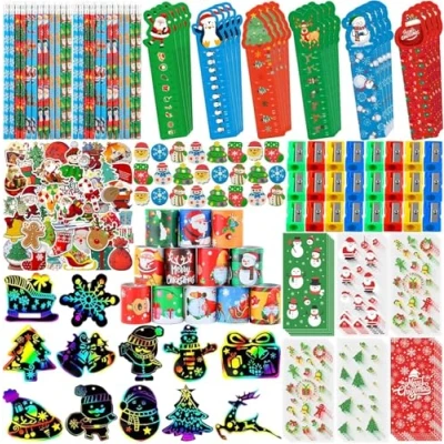 Image of KAHEIGN 218Pcs Christmas School Stationery Set, 24Pcs Goodie Bags Rulers Pencils Erasers Sharpeners Slap Bracelets Scratch Art Paper Stickers Games Reward Party Favors