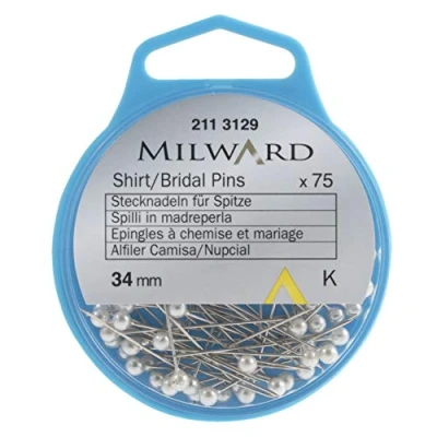 Image of MILWARD Straight Sewing Pins, Shirt/Bridal, Silver/Pearl, 34mm, 75 Pieces