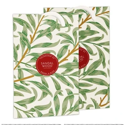Image of the Master Herbalist SANDALWOOD Scented Wardrobe Freshener in a WILLIAM MORRIS Inspired WILLOW Design Contains Essential Oils PACK OF 2 Made UK.