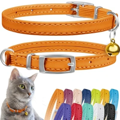 Image of CollarDirect Leather Cat Collar, Safety Collar with Elastic Strap, Kitten for Bell Black Blue Red Orange Lime Green (Neck Fit 6&quot; 7&quot;, Orange)
