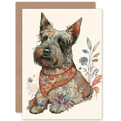 Image of Artery8 Scottish Terrier Dog with Flower Pattern Fur Coat Modern Watercolour Illustration Art Birthday Sealed Greeting Card Plus Envelope Blank inside