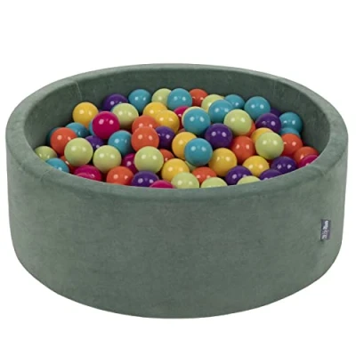 Image of KiddyMoon Soft Ball Pit Round 90X30cm/200 Balls ∅ 7Cm / 2.75In For Kids, Foam Velvet Pool Baby Playballs, Made In The EU, Forest Green:Light Green/Yellow/Turquoise/Orange/Dark Pink/Purple