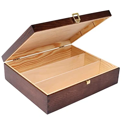 Image of Creative Deco Brown Wooden Wine Box with Clasp 3 Bottles 35x30x10cm Natural Wood Holder Bottle Gift Christmas Xmas Storage Chest Presentation