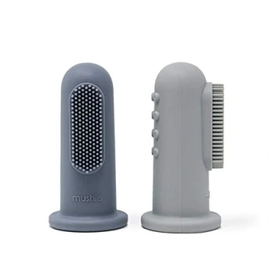 Image of Mushie Baby Finger Toothbrushes 1x Set of 2 Silicone Toothbrush Babies First Soothing Irritated Gums Material: Food Grade (Stone/Tradewinds)