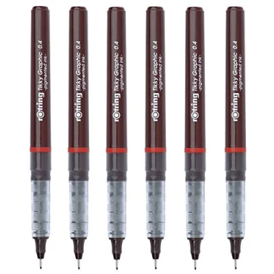 Image of rOtring Tikky Graphic Fineliner Drawing Pen 0.4mm Black Ink Pack of 6