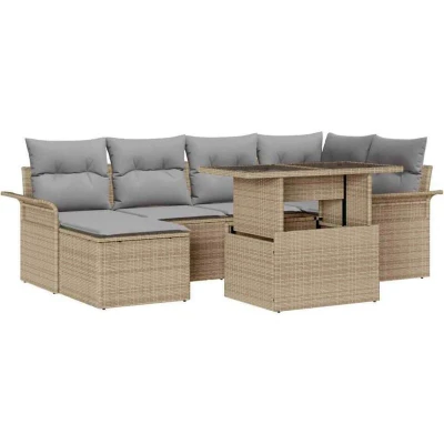 Image of vidaXL 7 Piece Garden Sofa Set with Cushions Beige Poly Rattan
