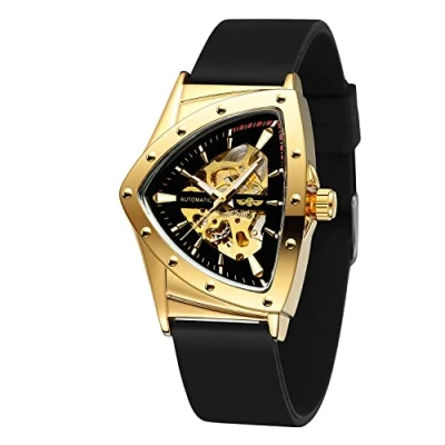Image of FORSINING New Men Waterproof Skeleton Triangular Mechanical Wrist Watch with Silicone Strap, Gold and Black2, Modern