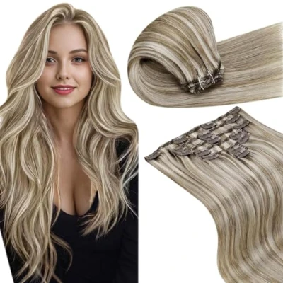 Image of LaaVoo Clip in Hair Extensions Real Human 18 Inch 7pcs 120g Light Brown and White Blonde Highlighted Seamless Remy #p8/24