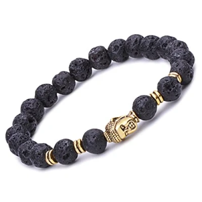 Image of Infinite U Womens Mens Buddha Bracelet 9mm Beads Wrist Mala Alloy Lava Stone Stretch Bracelet, Therapy Yoga Meditation, Black